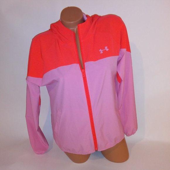 Under Armour Jacket Windbreaker Small Pink Orange Zip Up Loose Fit Hooded Pit to - Picture 7 of 13